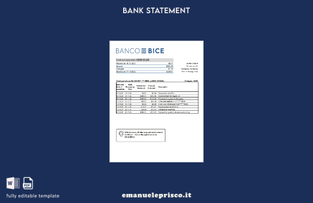 modello Excel di estratto conto bancario Cile Banco Bice in stile verificato